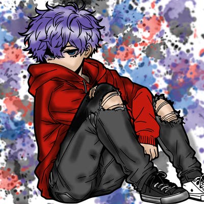 a male hoddie ripped jeans messy hair anime