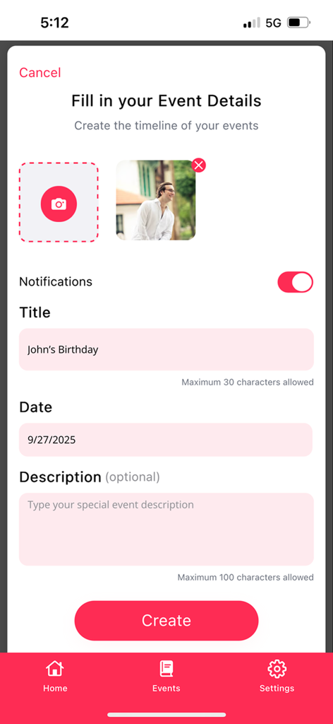 A screen for adding relationship event details like a birthday with a photo and date