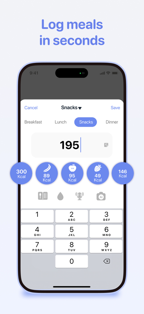 Calorie Counter - Calory AI - Quick meal logging interface in Calory AI app showing calorie input and food icons