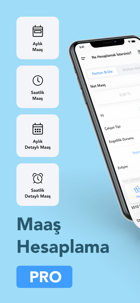 Main interface of the Maas Hesaplama Pro app showing different salary calculation modes