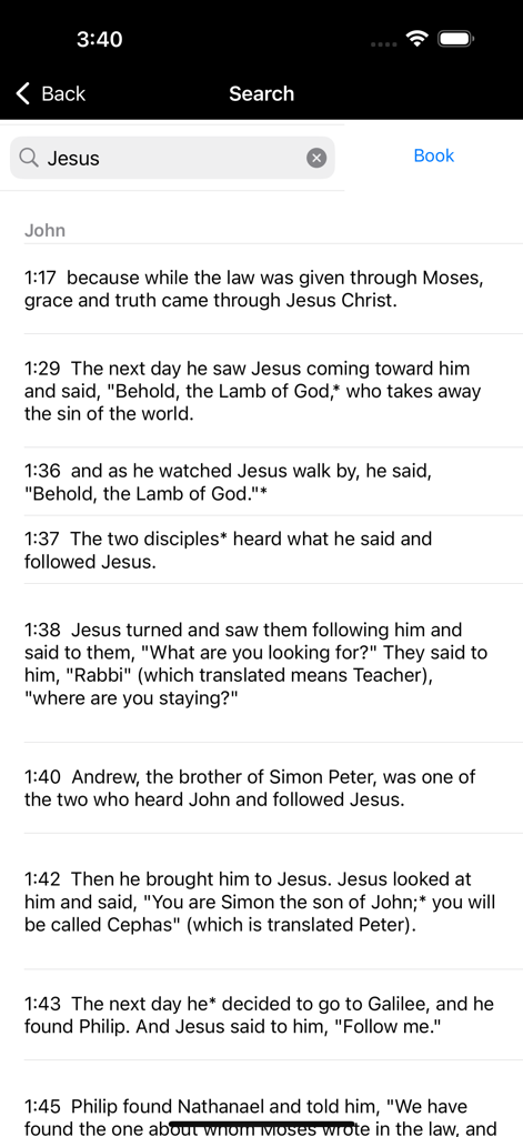 Suchergebnisse für das Wort Jesus im Evangelium nach Johannes in der katholischen Bibel-App.