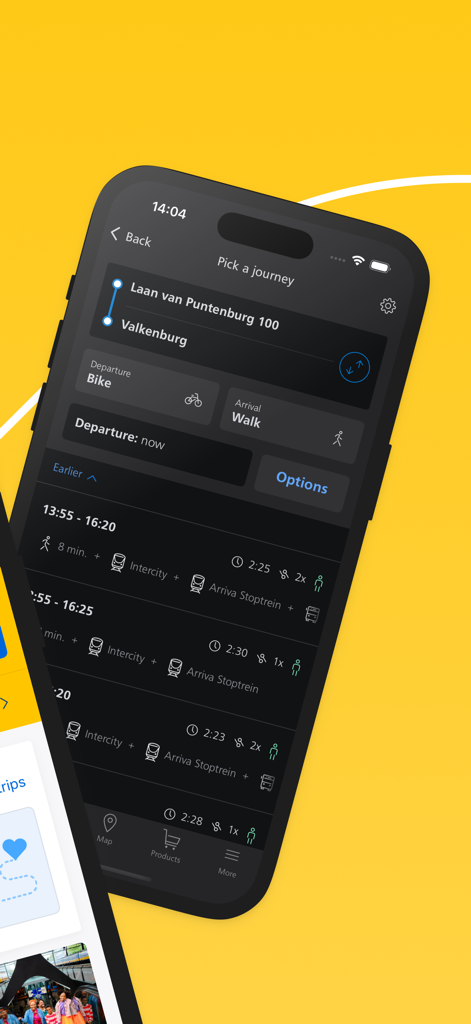 Interface do aplicativo NS Travel Planner mostrando várias opções de rota de trem e tempos de viagem entre locais na Holanda