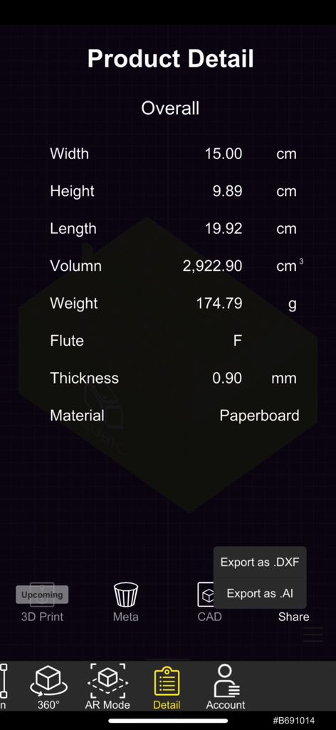 CUBIC PACKAGE DESIGN PLATFORM - Pantalla de detalles del producto de la aplicación Cubic que muestra especificaciones técnicas como dimensiones, volumen y material para un diseño de empaque.