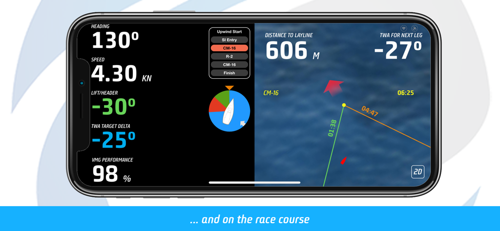 Tactiqs app interface showing live sailboat racing metrics and course navigation map