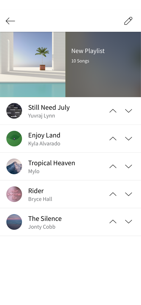 LG XBOOM – 2024 and earlier - Una interfaz de lista de reproducción de música en la aplicación LG XBOOM que muestra varias canciones y artistas