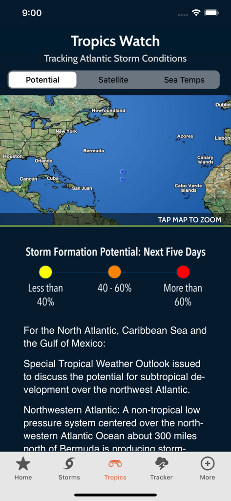 Max Tracker Hurricane WPLG - Max Tracker Hurricane app Tropics Watch screen showing Atlantic storm formation potential map