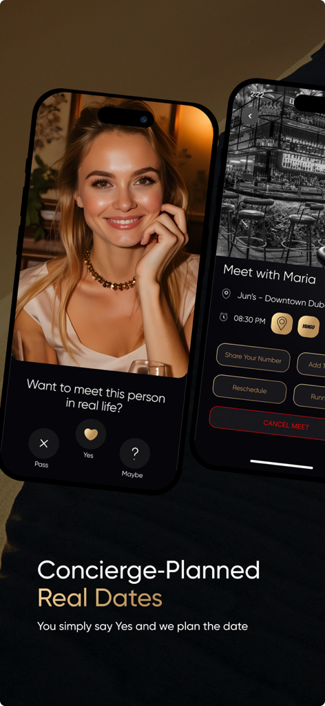 Interfaz de la aplicación MAXION mostrando un perfil y una cita planificada por concierge en Dubái