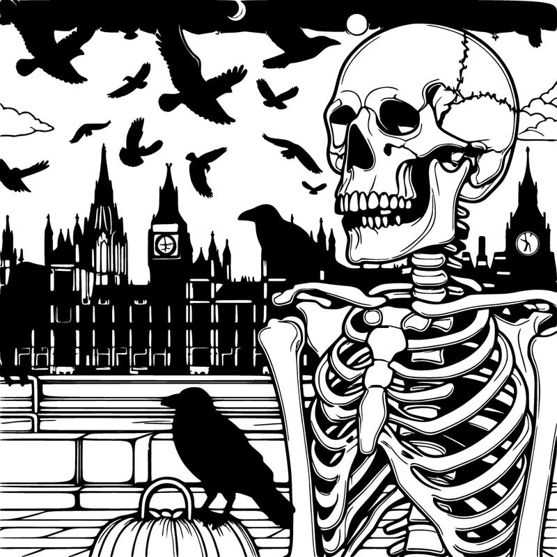 realistic skeleton with crows at night in london