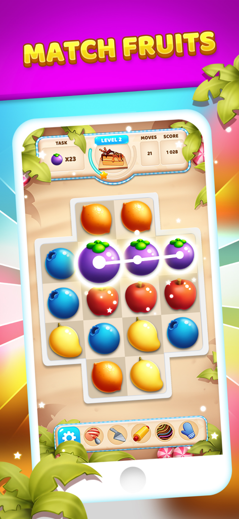 Chef's Quest: Match Sensation - Gameplay of Chef's Quest Match Sensation puzzle game showing a fruit match-3 board.