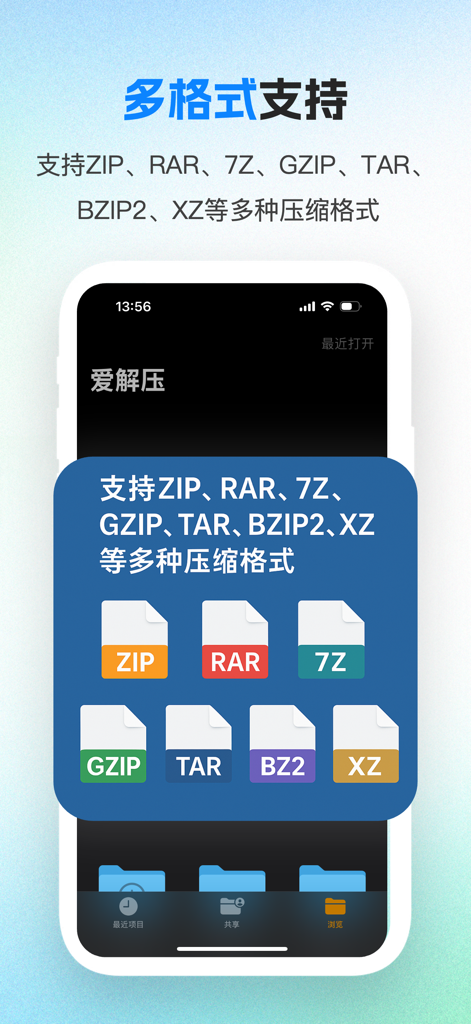 iRAR&ZIP - iRAR and ZIP app interface displaying icons for supported compression formats like ZIP, RAR, 7Z, GZIP, TAR, BZ2, and XZ