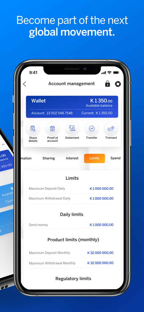 Unayo - Mobile screen showing the Unayo app account management interface with daily and monthly transaction limits
