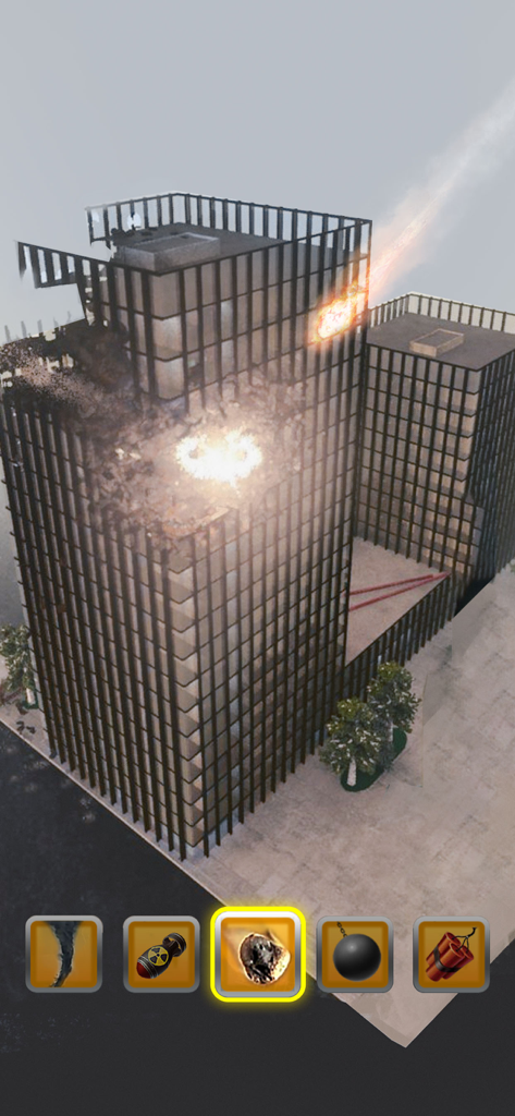 A meteor hitting a skyscraper in the City Demolish mobile game