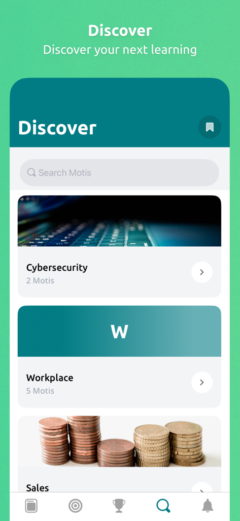 Motimate - The Discover screen of the Motimate app displaying various micro-learning modules such as Cybersecurity and Workplace.