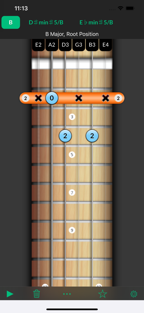 Reverse Chord Finder Pro - Interface of Reverse Chord Finder Pro app showing a guitar fretboard with a capo and chord identification.