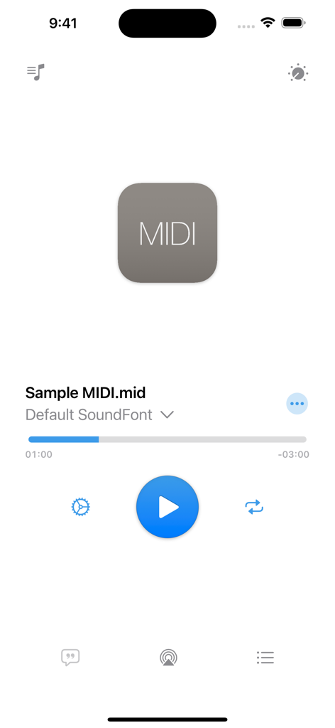 NS MIDI Player - Interface of the NS MIDI Player app showing playback controls and a sample MIDI file