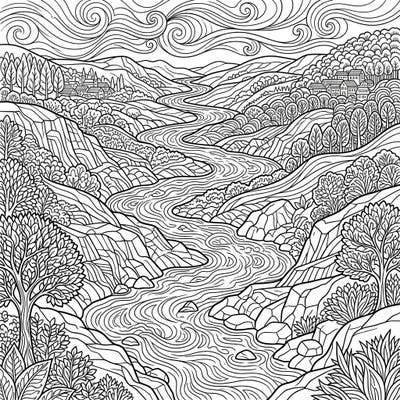 Immerse yourself in the breathtaking beauty of nature with this intricate coloring page featuring stunning river valleys. Unwind as you bring to life the winding river, rocky banks, and lush foliage of this serene landscape.