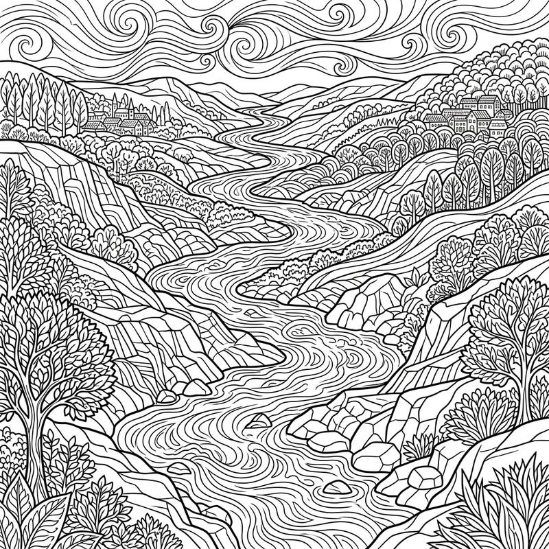 Immerse yourself in the breathtaking beauty of nature with this intricate coloring page featuring stunning river valleys. Unwind as you bring to life the winding river, rocky banks, and lush foliage of this serene landscape.
