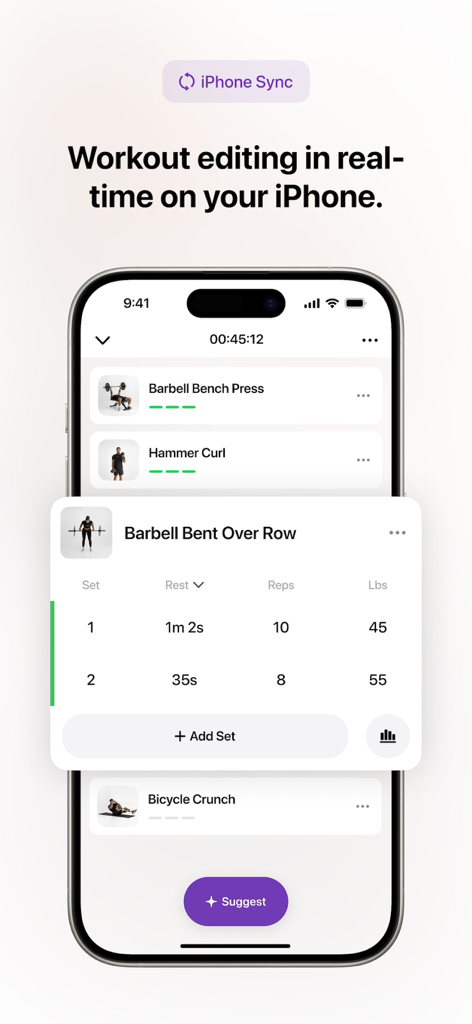Motra fitness app on iPhone showing real-time exercise logging and workout synchronization