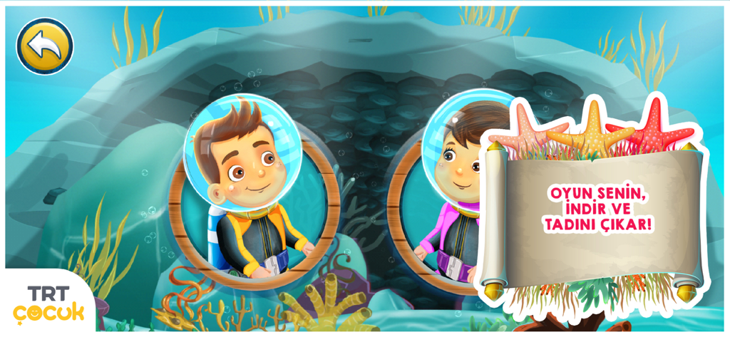 TRT Su Altı Kaşifi - Character selection screen for TRT Underwater Explorer featuring two divers
