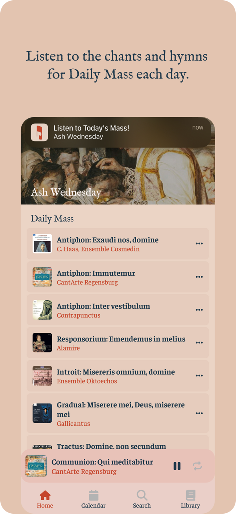Chants - Catholic Sacred Music - Interfaz de la aplicación Cantos mostrando música sacra e himnos para la Misa Diaria de Miércoles de Ceniza.