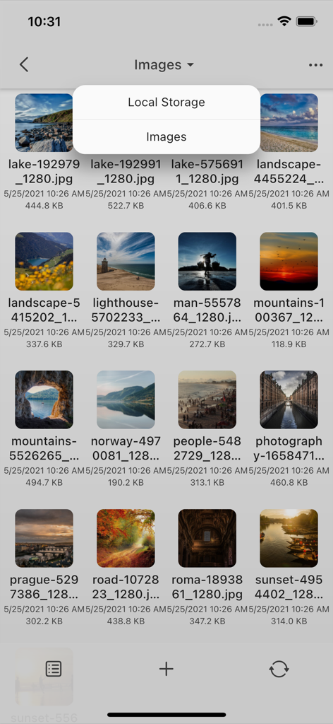 L'application AirDisk File Manager affiche une grille de photos dans le stockage local.