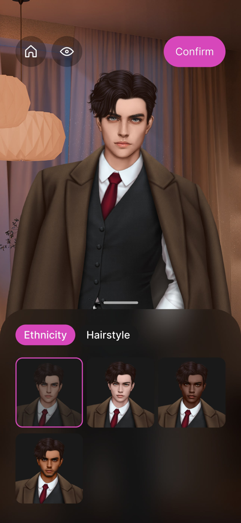 Pantalla de personalización de personajes en la app Lovel mostrando la selección de etnia para un protagonista masculino