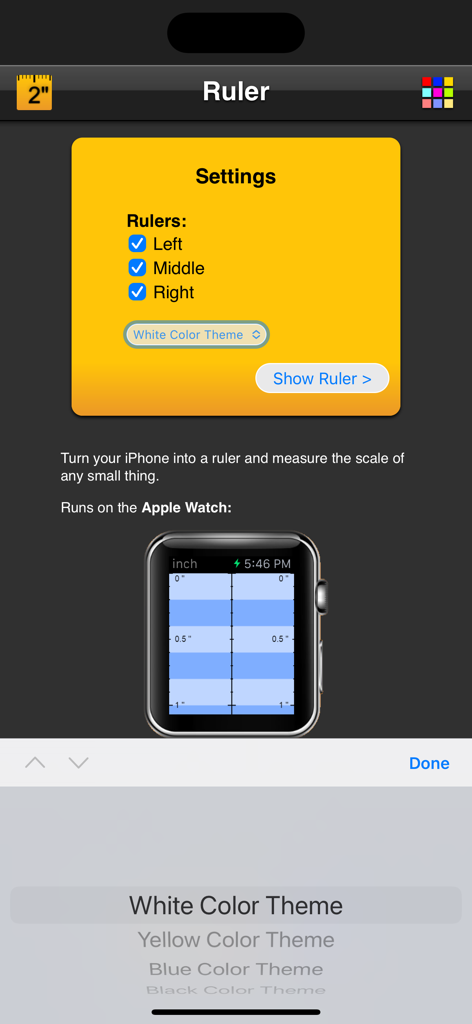 Ruler App - Pantalla de configuración de la aplicación Ruler mostrando opciones de temas de color e integración con Apple Watch