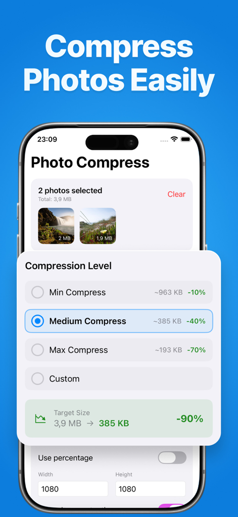 Compress Photos & Size Reducer - 3.9MBから385KBへの写真圧縮オプションとファイルサイズ削減を示すスマートフォンの画面