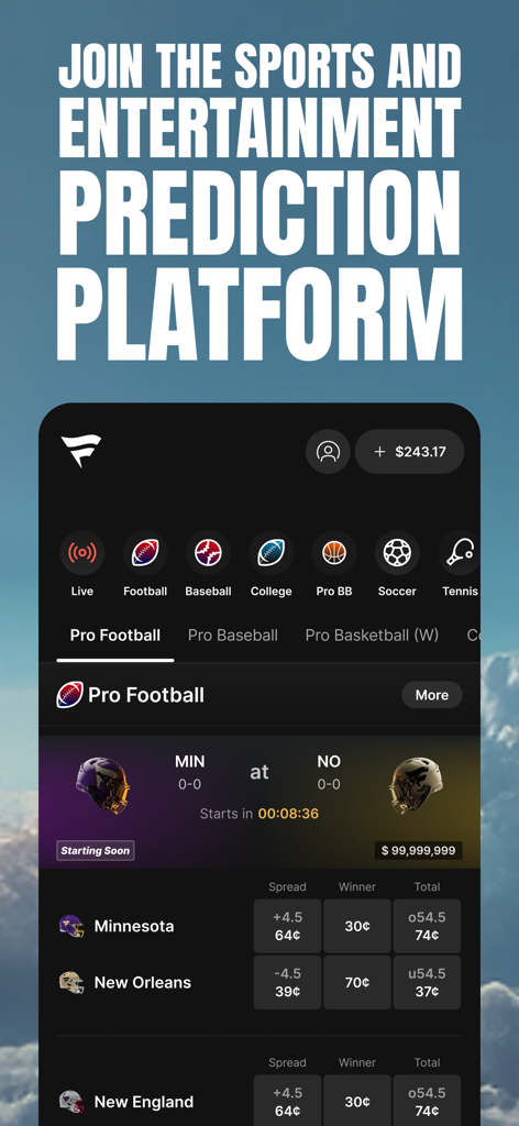 Fanatics Markets: Trade Sports - Fanatics Markets app interface showing pro football event contracts for trade