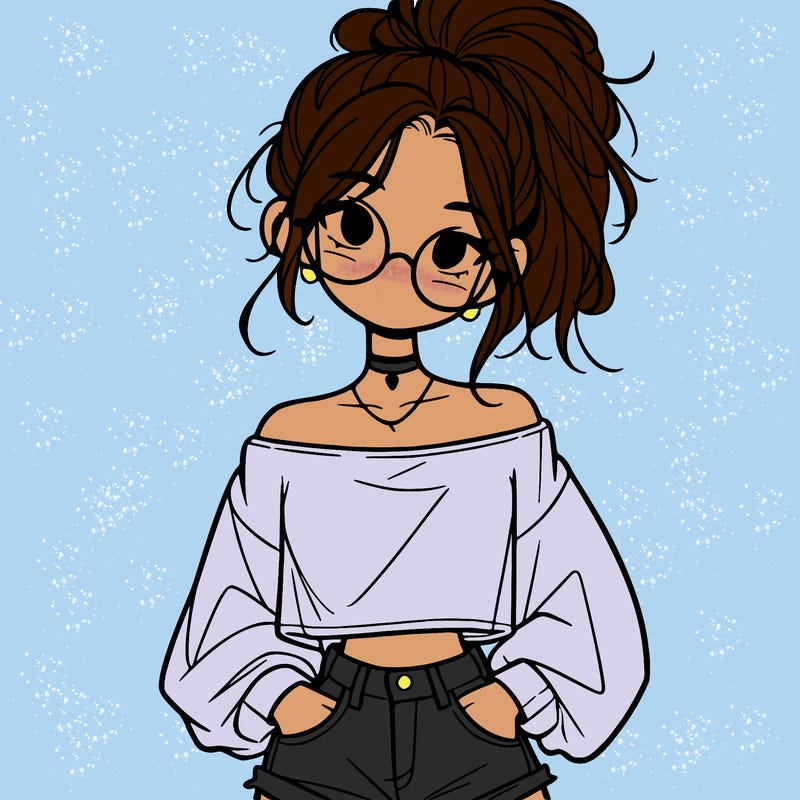 girl with a messy ponytail glasses a baggy crop top and jean shorts