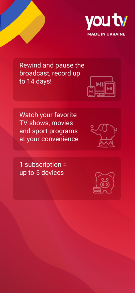 youtv — online TV and movies - Gráfico que muestra las características de la app youtv incluyendo grabación de 14 días, soporte multidispositivo y programas de TV y deportes favoritos.