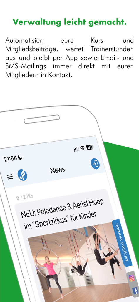 SPORTMEO Kursverwaltung & mehr - Mobile app interface of Sportmeo showing news updates for a sports studio