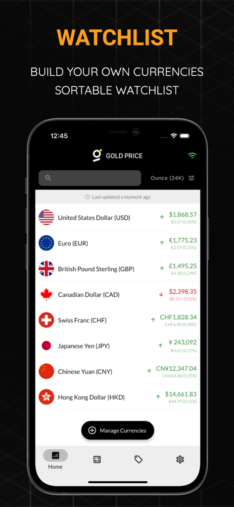 さまざまなグローバル通貨のライブ金価格のソート可能なウォッチリストを表示するモバイルインターフェイス。