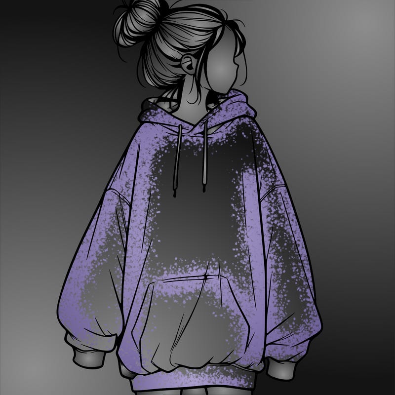 realistic girl with a oversized sweatshirt on and a bun