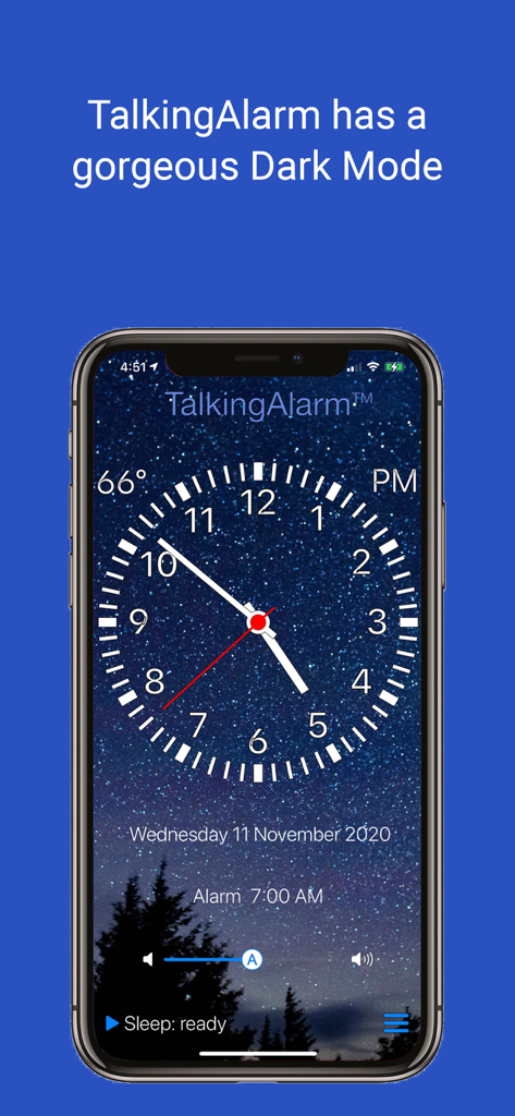TalkingAlarm: Voice Clock - TalkingAlarm app interface showing an analog clock with a starry night background in dark mode