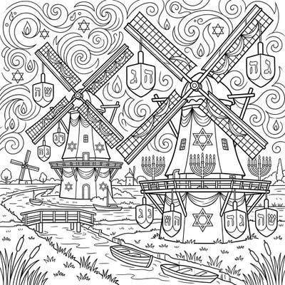 Explore a delightful fusion of cultures with this unique coloring page, showcasing majestic Dutch windmills beautifully adorned for Hanukkah. Immerse yourself in a festive scene featuring menorahs, dreidels, and Stars of David, perfect for celebrating the Festival of Lights.