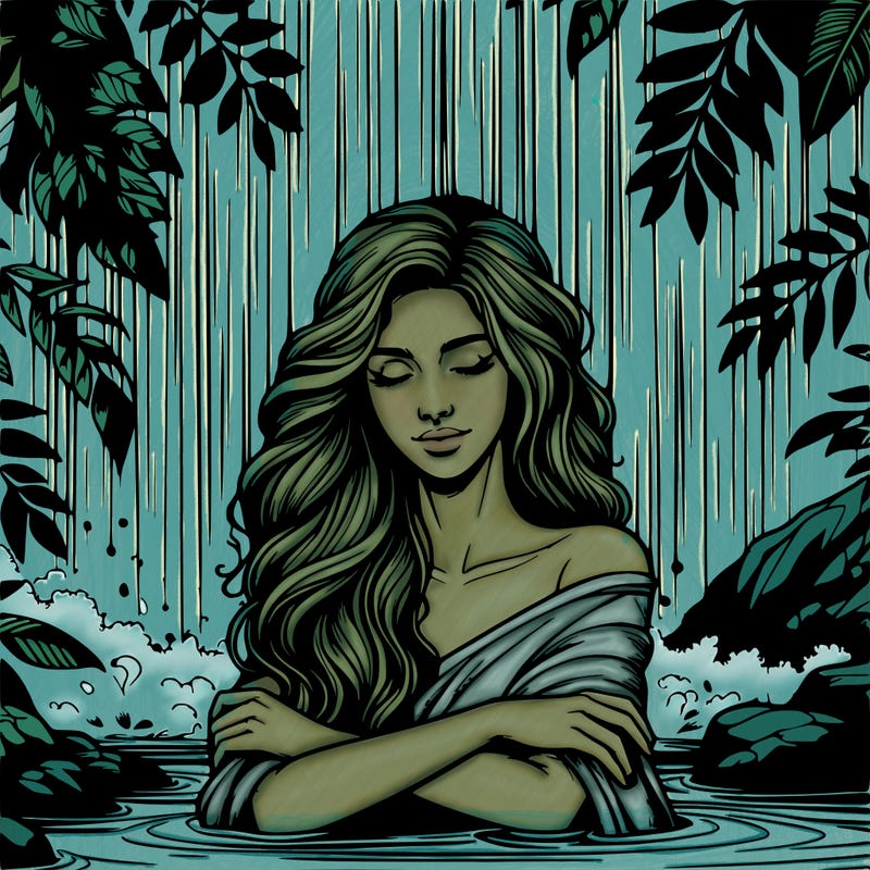 realistic female model under waterfall