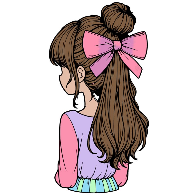 realistic girl  with hip length hair a bun and a big bow on the back of head