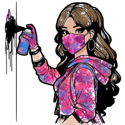 realistic girl with mask spray painting a wall