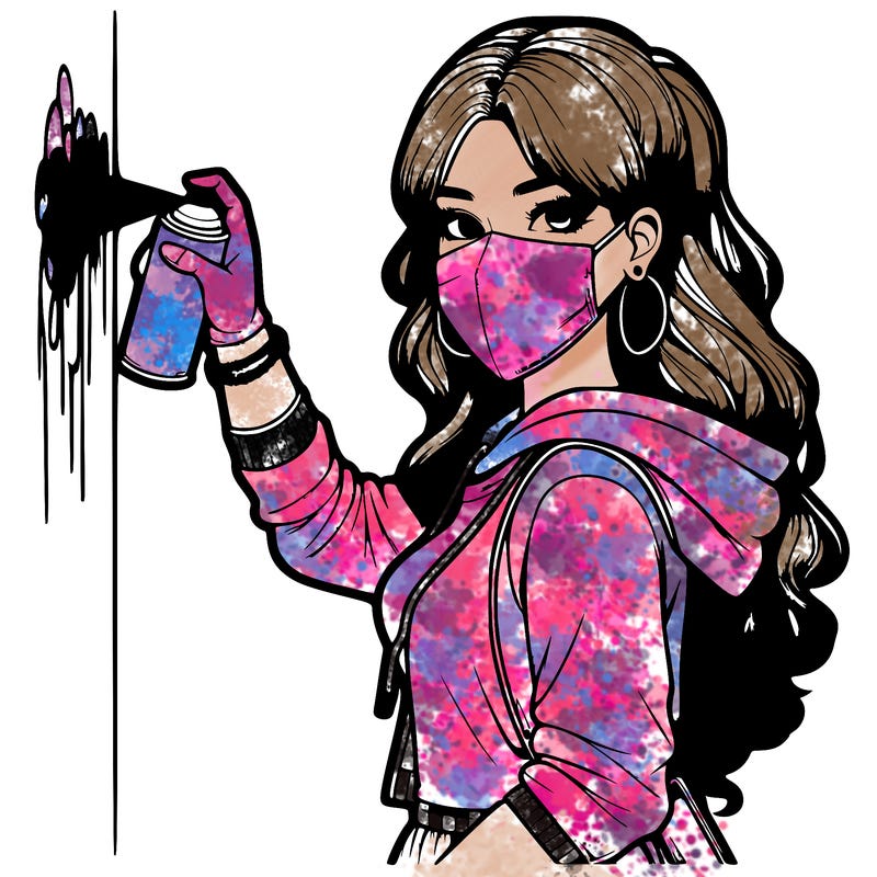 realistic girl with mask spray painting a wall