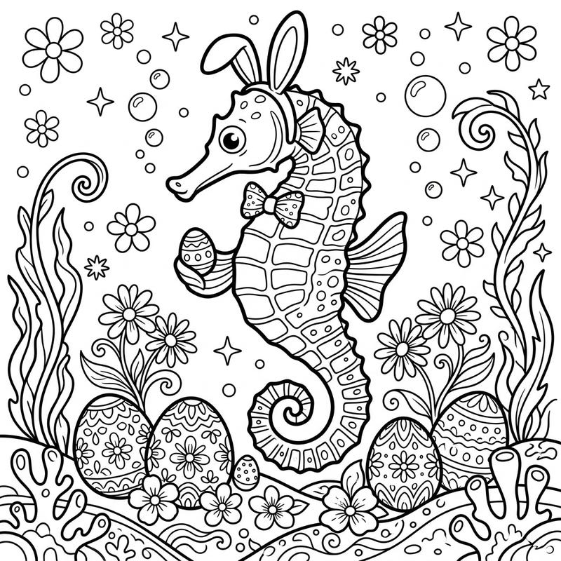 Dive into a whimsical Easter celebration with this unique coloring page featuring an adorable Lined Seahorse. Sporting bunny ears and a bow tie, this marine friend is ready to bring springtime joy to your coloring adventures.