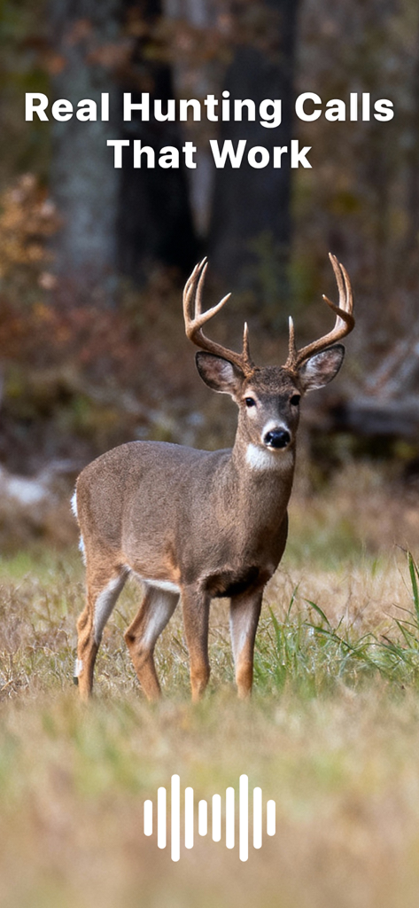 A whitetail buck in a field with text Real Hunting Calls That Work and an audio icon