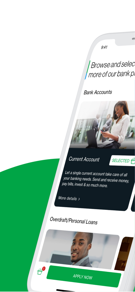 Standard Chartered Mobile Botswana app interface showing bank account options and an apply now button