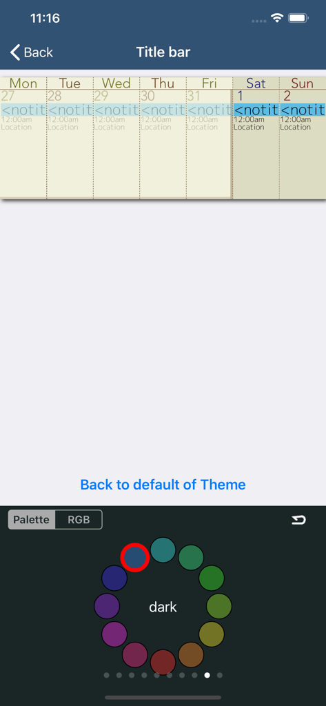 MonCal - MonCal app interface showing theme color customization options with a circular color palette wheel