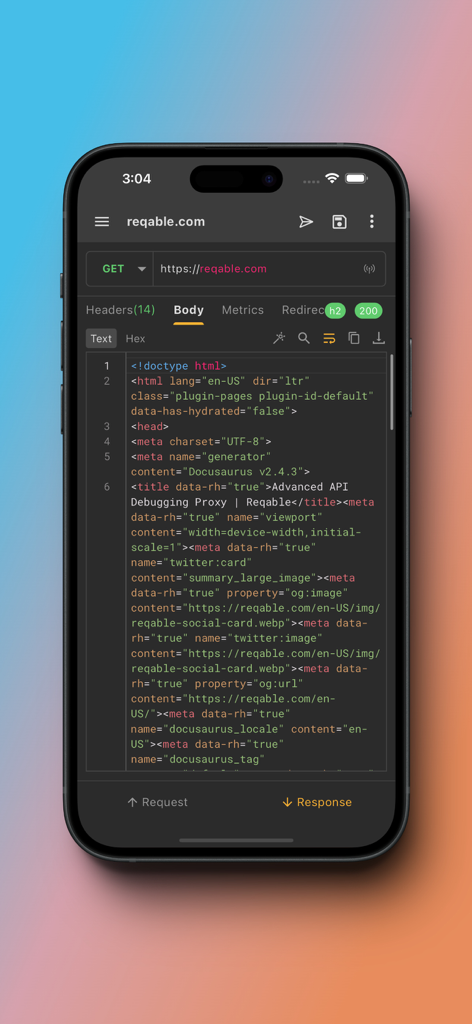 Reqable - Uno screenshot dell'app Reqable che mostra il codice sorgente HTML di una risposta API su uno smartphone