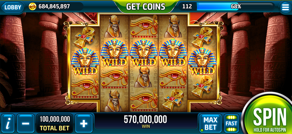Ancient Egypt themed slot machine game screen showing Pharaoh wild symbols and a large coin win