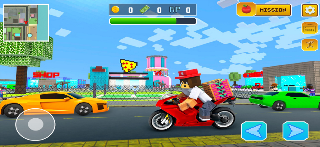 Block Party Fun World - A pixel art character riding a red motorcycle through a vibrant blocky city with colorful sports cars and shops