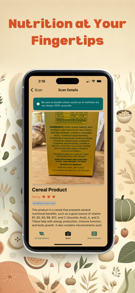 ScanGredients - ScanGredients mobile app displaying detailed ingredient analysis and nutrition benefits for a cereal product label.