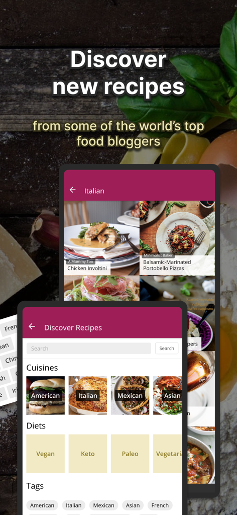 Interfaz de la aplicación MealPlanner que muestra categorías de recetas para diferentes cocinas y dietas