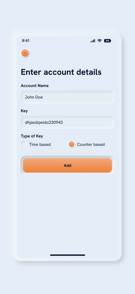 Interface for manually entering account name and secret key with options for time based or counter based codes